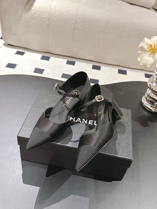 Chanel Elegant Satin Pointed Toe Chunky Heel Mary Jane Sandals