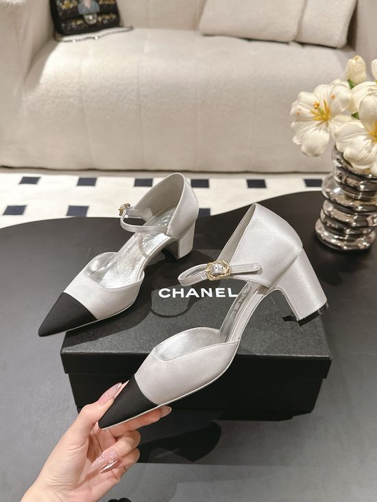 Chanel Elegant Satin Pointed Toe Chunky Heel Mary Jane Sandals