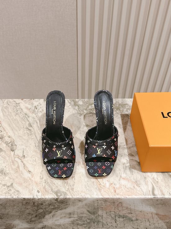 Louis Vuitton Printed Leather Mid Heel Slide Sandals