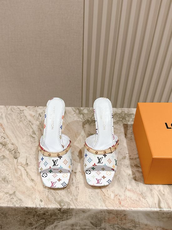 Louis Vuitton Printed Leather Mid Heel Slide Sandals