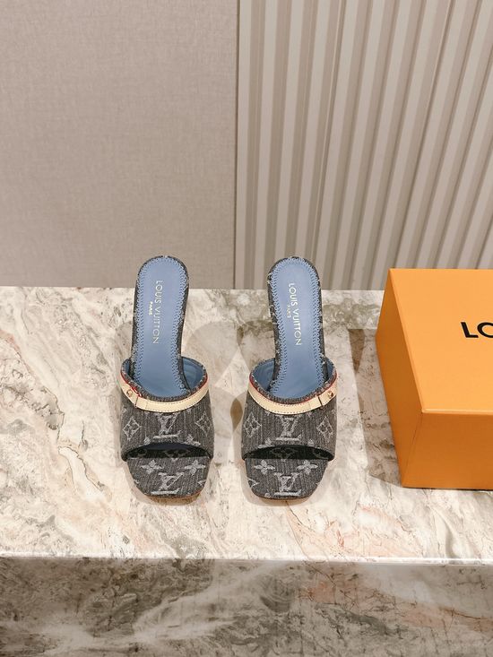 Louis Vuitton Printed Leather Mid Heel Slide Sandals