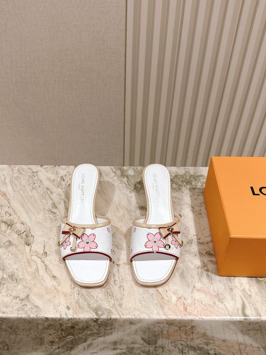Louis Vuitton Printed Leather Low Block Heel Slide Sandals