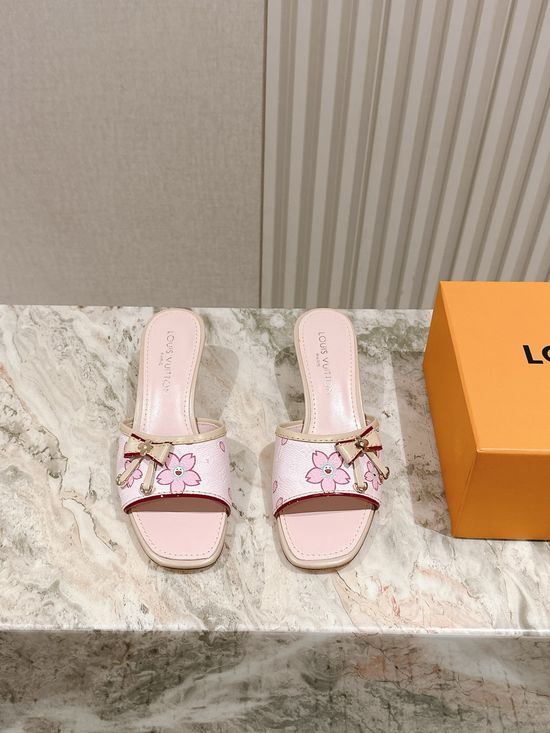 Louis Vuitton Printed Leather Low Block Heel Slide Sandals