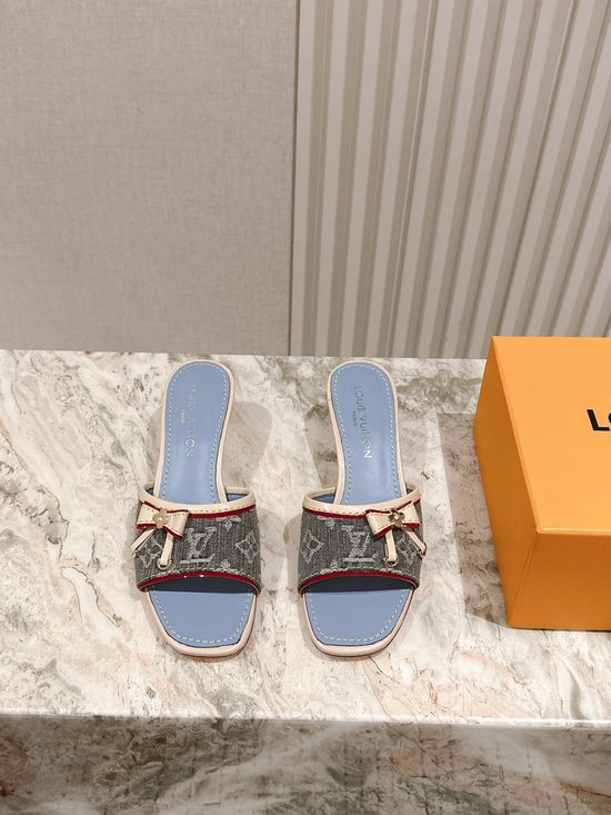 Louis Vuitton Printed Leather Low Block Heel Slide Sandals
