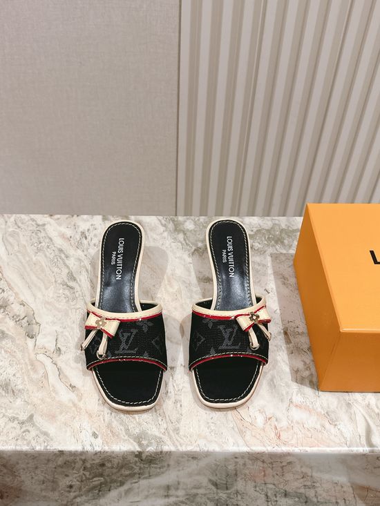 Louis Vuitton Printed Leather Low Block Heel Slide Sandals