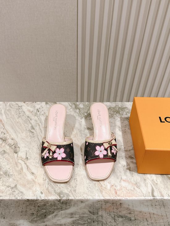 Louis Vuitton Printed Leather Low Block Heel Slide Sandals