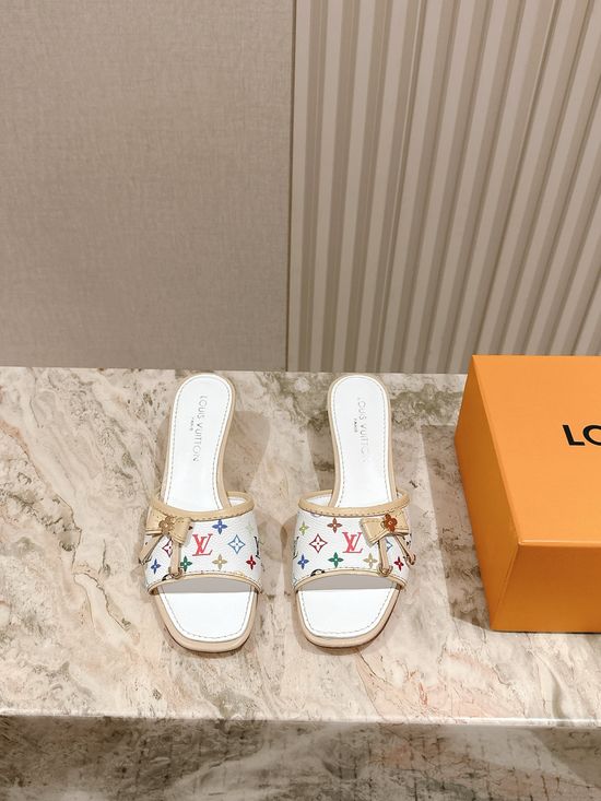 Louis Vuitton Printed Leather Low Block Heel Slide Sandals
