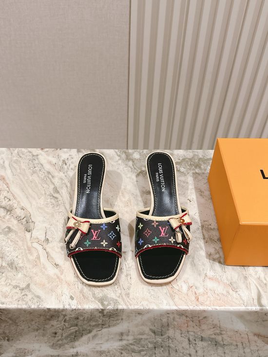 Louis Vuitton Printed Leather Low Block Heel Slide Sandals