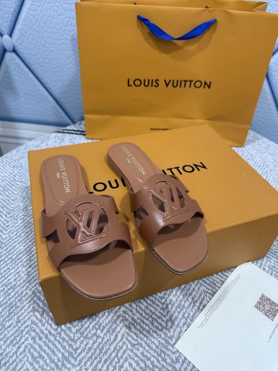Louis Vuitton Denim Canvas Open Toe Flat Sandals with Leather Trims