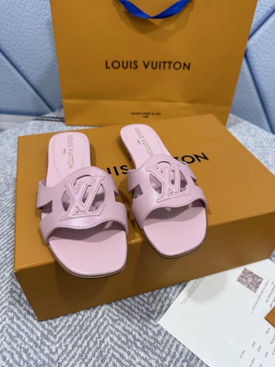 Louis Vuitton Denim Canvas Open Toe Flat Sandals with Leather Trims