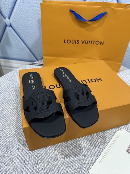 Louis Vuitton Denim Canvas Open Toe Flat Sandals with Leather Trims