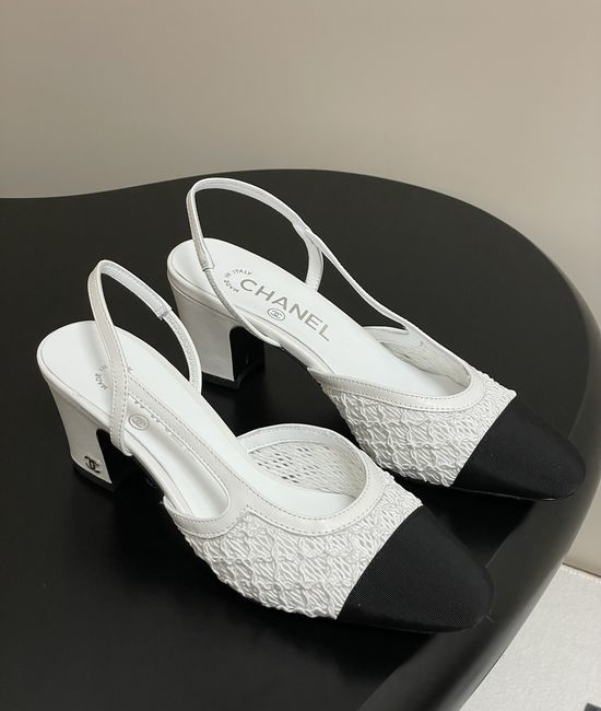 Chanel Lace Mesh Slingback Sandals Two Tone Elegant Leather Sole