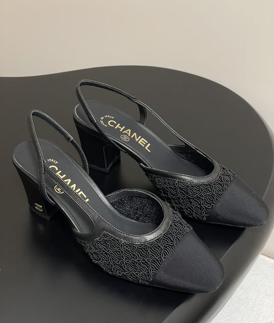 Chanel Lace Mesh Slingback Sandals Two Tone Elegant Leather Sole