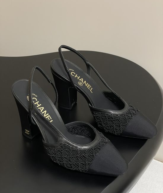 Chanel Lace Mesh Slingback Sandals Two Tone Elegant Leather Sole