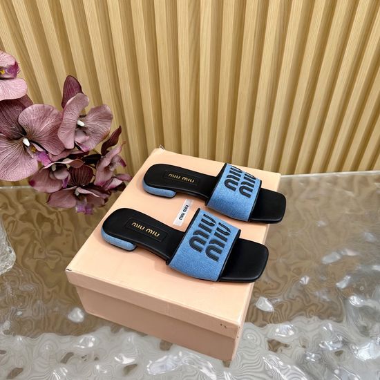 Miu Miu Denim Upper Bow Decor Comfortable Slip On Slippers