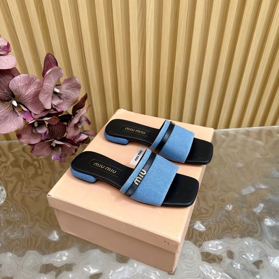 Miu Miu Denim Upper Bow Decor Comfortable Slip On Slippers