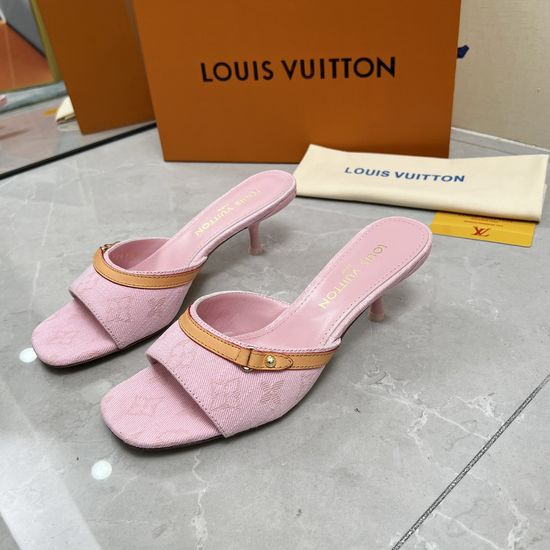 Louis Vuitton Denim Printed Block Heel Slides Comfortable Sheepskin Lining