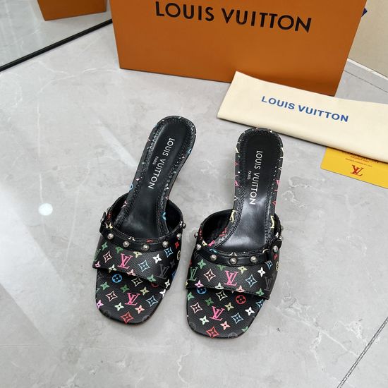 Louis Vuitton Denim Printed Block Heel Slides Comfortable Sheepskin Lining