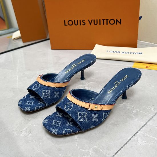 Louis Vuitton Denim Printed Block Heel Slides Comfortable Sheepskin Lining