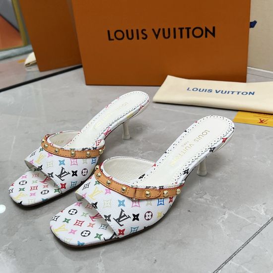 Louis Vuitton Denim Printed Block Heel Slides Comfortable Sheepskin Lining