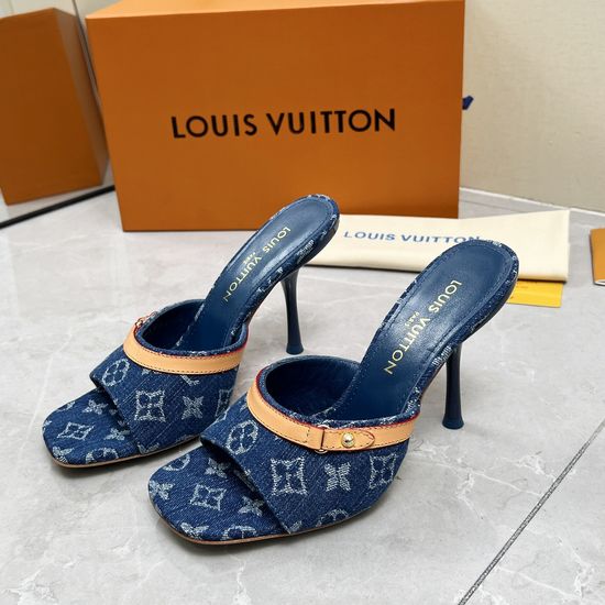 Louis Vuitton Denim Printed Block Heel Slides Comfortable Sheepskin Lining