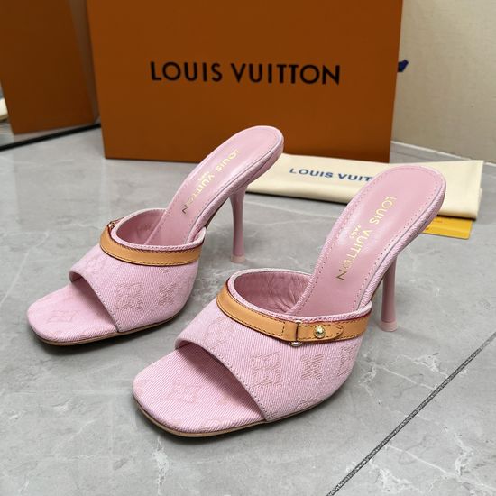 Louis Vuitton Denim Printed Block Heel Slides Comfortable Sheepskin Lining