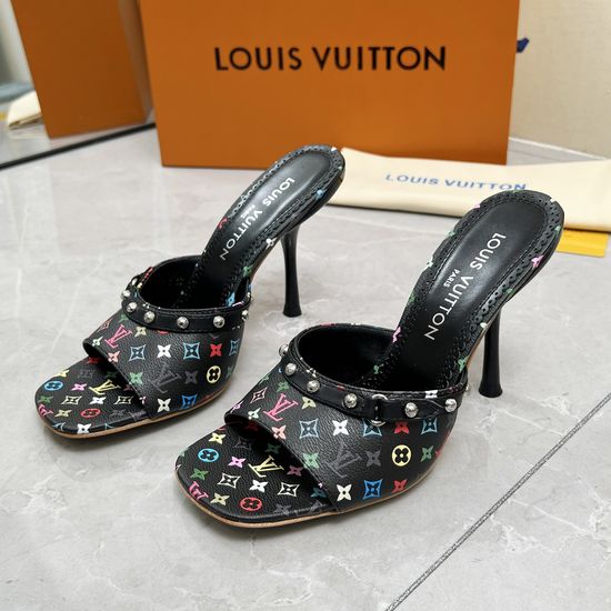 Louis Vuitton Denim Printed Block Heel Slides Comfortable Sheepskin Lining