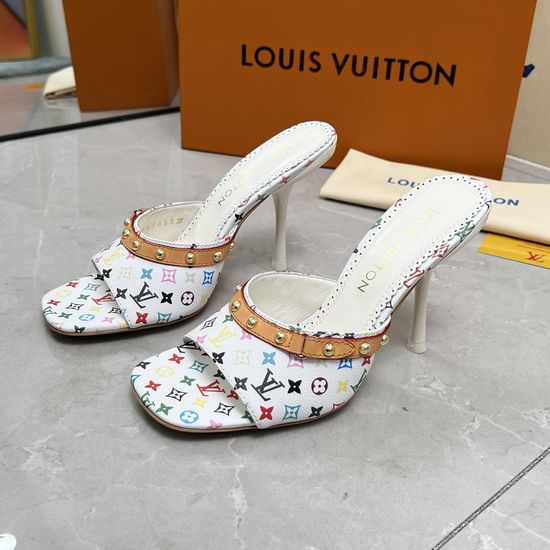 Louis Vuitton Denim Printed Block Heel Slides Comfortable Sheepskin Lining