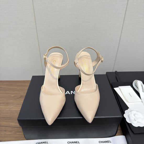 Chanel Elegant Pearl Embellished High Heel Leather Sandals