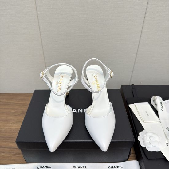Chanel Elegant Pearl Embellished High Heel Leather Sandals