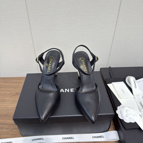 Chanel Elegant Pearl Embellished High Heel Leather Sandals