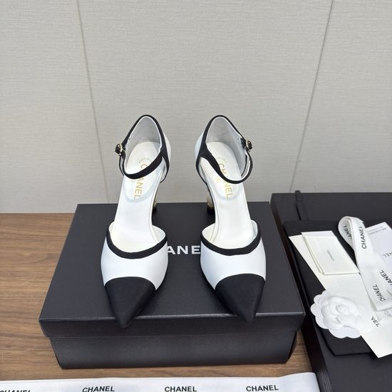 Chanel Elegant Pearl Embellished High Heel Leather Sandals