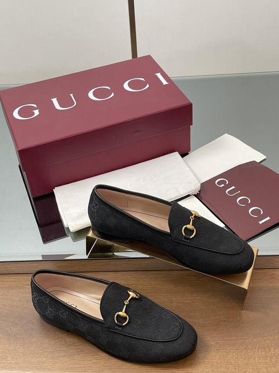 Gucci Monogram Embroidery Leather Sole Loafer Shoes