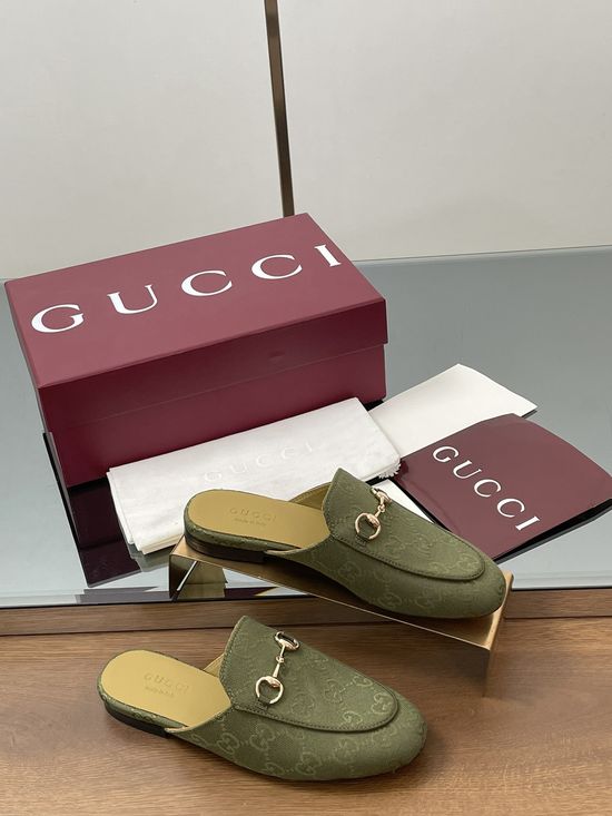 Gucci Embossed Fabric Backless Loafer Mules with Leather Sole