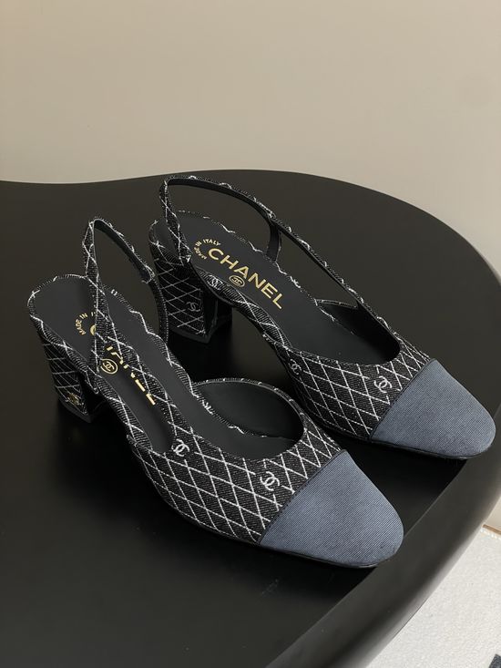 Chanel Denim Slingback Sandals Classic Two Tone Leather Sole