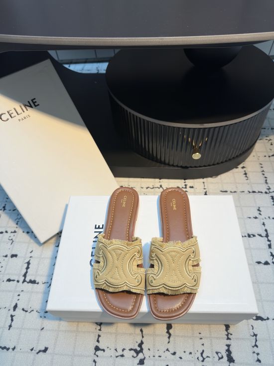 Celine Vintage Distressed Denim Flat Slides Comfortable Shoes