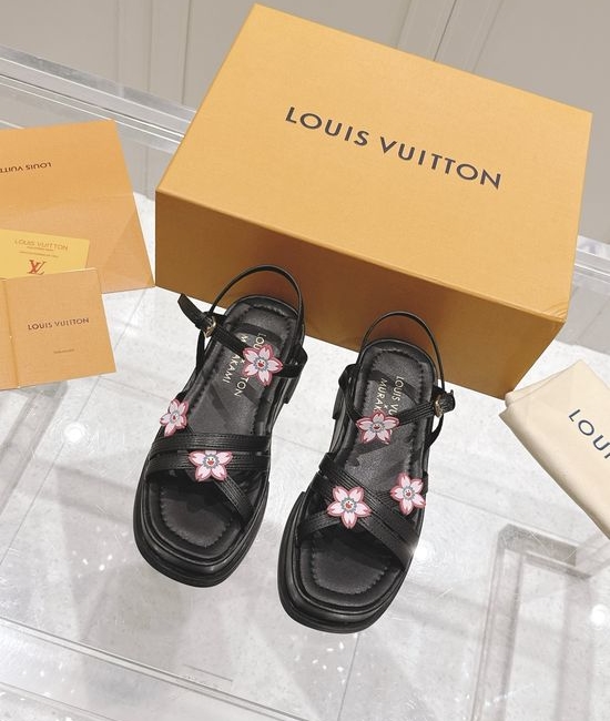 Louis Vuitton LV Smooth Leather Platform Sandals with Embellished Metal Logo