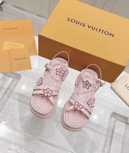 Louis Vuitton LV Smooth Leather Platform Sandals with Embellished Metal Logo
