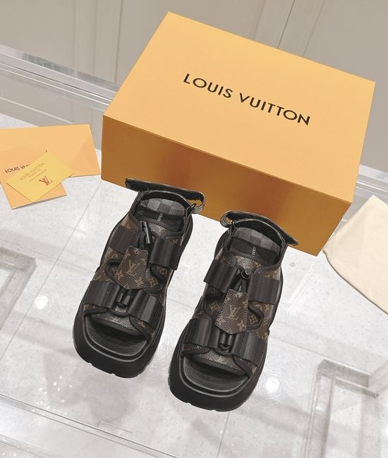 Louis Vuitton LV Canvas Platform Sandals with Leather Trim and Comfort Insole