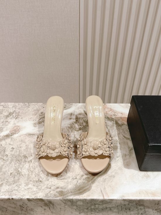Chanel Floral Leather High Heel Slide Sandals
