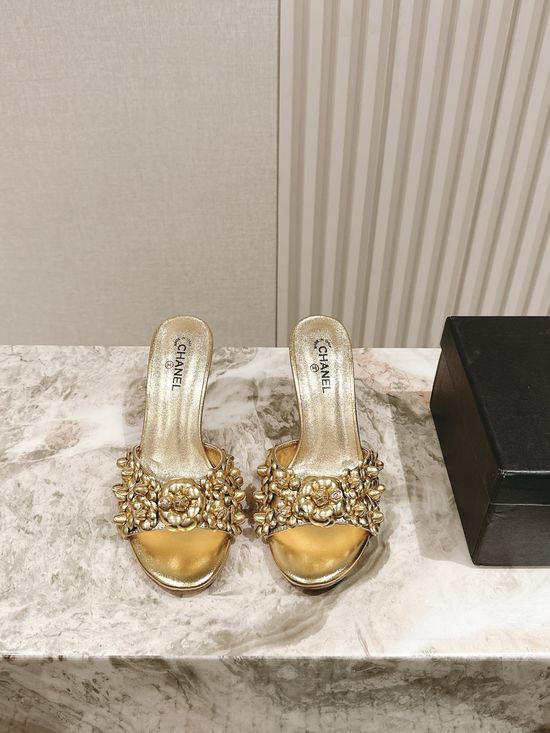 Chanel Floral Leather High Heel Slide Sandals
