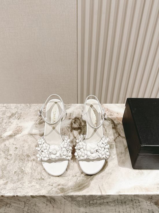 Chanel Floral Leather High Heel Slide Sandals