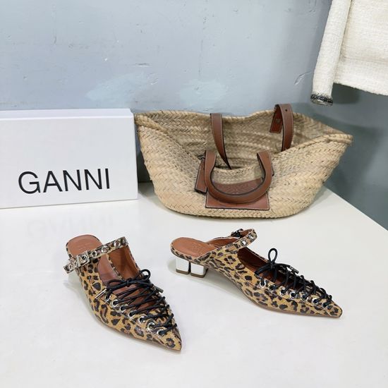 Ganni Pointed Toe Mary Jane Low Heel Leather Shoes Comfortable Slip On