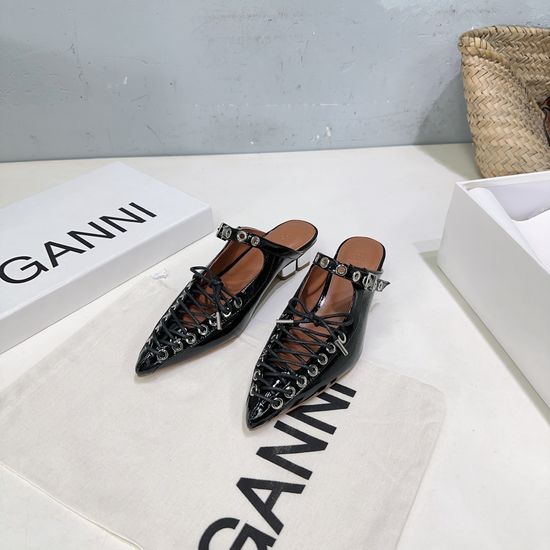 Ganni Pointed Toe Mary Jane Low Heel Leather Shoes Comfortable Slip On
