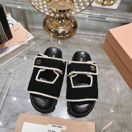 Miu Miu Woven Slip-on Platform Slides Adjustable Hook Loop Non-slip Sole