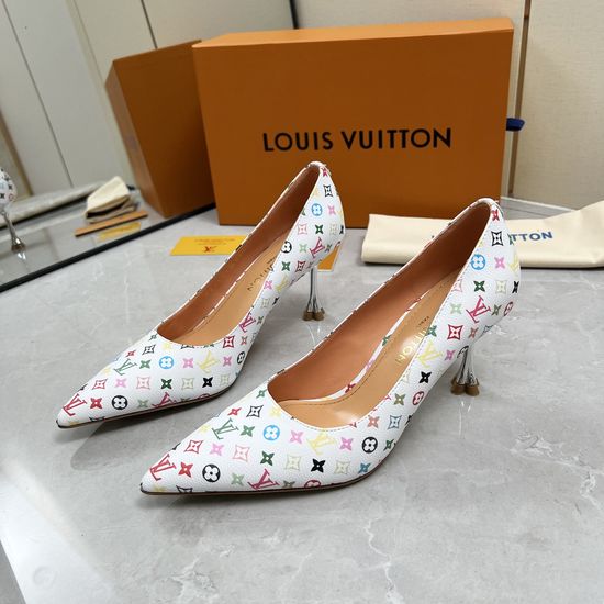Louis Vuitton Printed Leather Mid Heel Pumps Genuine Leather Sole