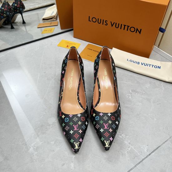 Louis Vuitton Printed Leather Mid Heel Pumps Genuine Leather Sole