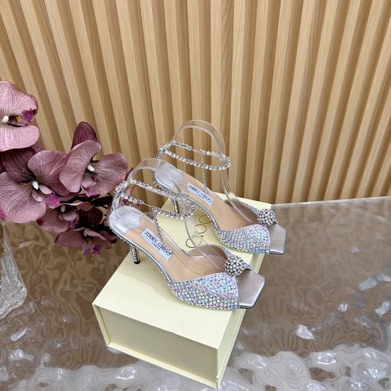 Jimmy Choo Elegant Rhinestone Silk Pointed Toe High Heel Shoes