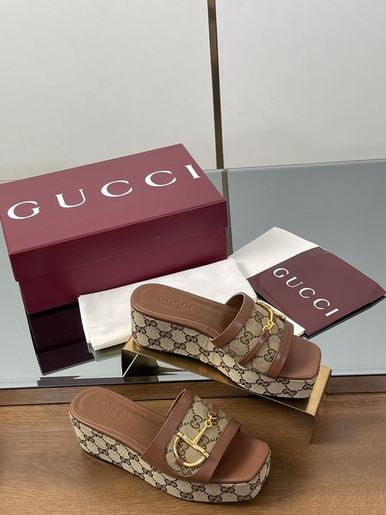 Gucci Wedge Platform Slide Sandals with Metal Buckle Detail