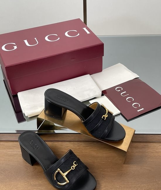 Gucci Gold Buckle Sheepskin Block Heel Slide Sandals